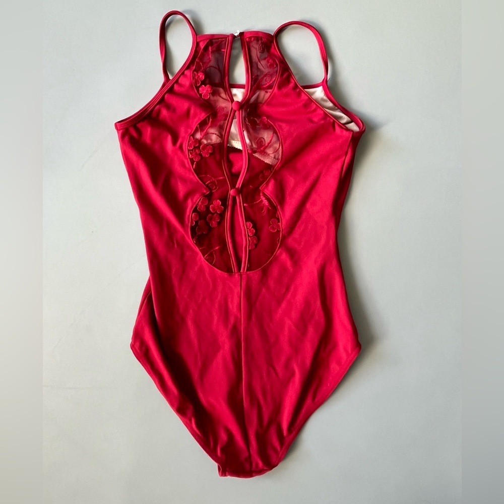 Bloch Women’s Red Embroidered Lace Button Back Ballet Leotard